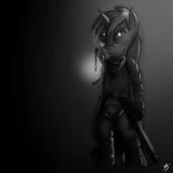 Size: 1280x1280 | Tagged: safe, artist:microgrid, dinky hooves, pony, unicorn, g4, armor, bipedal, female, filly, foal, monochrome, solo, warrior