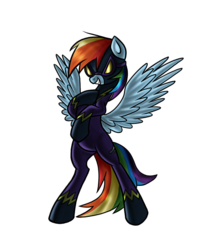 Size: 869x1026 | Tagged: safe, artist:myhysteria, rainbow dash, pony, g4, bipedal, clothes, corrupted, costume, female, goggles, grin, shadowbolt dash, shadowbolts, shadowbolts costume, simple background, smiling, smirk, solo, transparent background