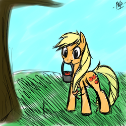 Size: 1280x1280 | Tagged: safe, artist:microgrid, applejack, earth pony, pony, g4, female, mouth hold, solo, tree