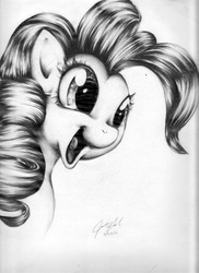 Size: 1951x2679 | Tagged: safe, artist:carlotta-guidicelli, pinkie pie, pony, g4, bust, cute, female, grayscale, happy, monochrome, open mouth, pencil drawing, portrait, smiling, solo, traditional art