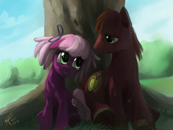 Size: 800x600 | Tagged: dead source, safe, artist:grissaecrim, big macintosh, cheerilee, earth pony, pony, g4, male, pigtails, ship:cheerimac, shipping, stallion, straight, tree, younger