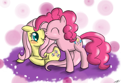 Size: 900x617 | Tagged: dead source, safe, artist:speccysy, fluttershy, pinkie pie, earth pony, pegasus, pony, g4, blushing, duo, female, lesbian, licking, ship:flutterpie, shipping