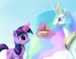 Size: 1024x794 | Tagged: safe, artist:grissaecrim, princess celestia, twilight sparkle, g4, cake, cakelestia, magic