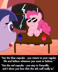 Size: 600x737 | Tagged: safe, artist:ultrathehedgetoaster, pinkie pie, twilight sparkle, g4, dialogue, fourth wall, morpheus, parody, sunglasses, the matrix