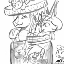 Size: 850x850 | Tagged: safe, artist:johnjoseco, apple bloom, derpy hooves, hugh jelly, princess celestia, scootaloo, sweetie belle, pegasus, pony, unicorn, princess molestia, g4, female, filly, grayscale, jelly, jelly pony, male, mare, monochrome, stallion, tongue out, tumblr