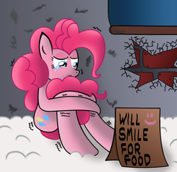 Size: 717x700 | Tagged: safe, artist:ziemniax, pinkie pie, g4, begging, crying, hard times, homeless, sad, shivering, sign, snow, will x for y
