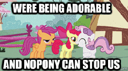 Size: 267x150 | Tagged: safe, edit, edited screencap, screencap, apple bloom, scootaloo, sweetie belle, earth pony, pegasus, pony, unicorn, g4, hearts and hooves day (episode), season 2, adorabloom, and nopony can stop me, animated, apple bloom's bow, bow, bush, cute, cutealoo, cutie mark crusaders, cutie mark cuties, day, diasweetes, door, female, fence, filly, foal, gif, grass, hair bow, hearts and hooves day, horn, i'm being adorable and no one can stop me!, image macro, lowres, meme, open mouth, outdoors, ponyville, skipping, smiling, text, the perfect stallion, tree, window, wings
