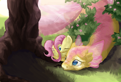 Size: 1334x900 | Tagged: safe, artist:bedupolker, fluttershy, dragon, g4, cute, dragonified, flutterdragon, prone, self ponidox, smiling, species swap, tree, wink