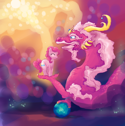 Size: 894x900 | Tagged: safe, artist:bedupolker, pinkie pie, dragon, earth pony, pony, g4, female, holding, holding a pony, looking at each other, looking at someone, looking up, mare, smol, solo