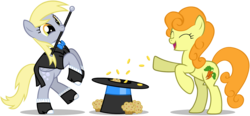 Size: 2800x1300 | Tagged: safe, artist:mixermike622, carrot top, derpy hooves, golden harvest, earth pony, pegasus, pony, g4, bits, female, hat, mare, muffin, simple background, top hat, transparent background, vector