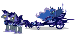 Size: 2800x1400 | Tagged: safe, artist:mixermike622, echo (g4), nocturn, princess luna, alicorn, bat pony, pony, g4, chariot, echo and nocturn, female, luna's chariot, mare, night guard, simple background, transparent background