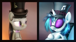 Size: 1441x800 | Tagged: safe, artist:subjectnumber2394, dj pon-3, octavia melody, vinyl scratch, earth pony, pony, unicorn, g4, duo, female, glasses, hat, top hat