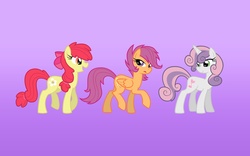 Size: 1680x1050 | Tagged: safe, artist:equestria-prevails, apple bloom, scootaloo, sweetie belle, earth pony, pegasus, unicorn, g4, apple bloom's bow, bow, cutie mark crusaders, eyeshadow, female, gradient background, hair bow, horn, looking at someone, looking back, makeup, mare, older, older apple bloom, older cmc, older scootaloo, older sweetie belle, purple background, simple background, standing, trio, trio female, walking