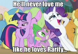 Size: 651x451 | Tagged: safe, edit, edited screencap, screencap, rarity, spike, twilight sparkle, dragon, earth pony, pony, unicorn, g4, caption, female, male, mare, ship:sparity, shipping, straight