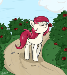 Size: 900x1000 | Tagged: safe, artist:silbersternenlicht, roseluck, pony, g4, blushing, cloud, cute, eyes closed, female, flower, rosabetes, rose, rose bush, smelling, solo