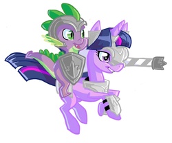 Size: 1000x830 | Tagged: safe, artist:orange-creamsicle, spike, twilight sparkle, dragon, pony, g4, armor, dragons riding ponies, duo, helmet, riding, shield, spike riding twilight