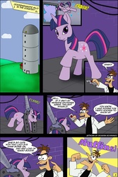 Size: 800x1200 | Tagged: safe, artist:thedigodragon, twilight sparkle, human, pony, unicorn, g4, bondage, comic, crossover, doctor heinz doofenshmirtz, female, male, mare, phineas and ferb, unsexy bondage