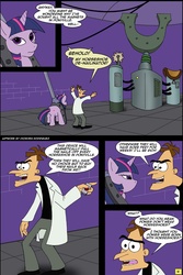 Size: 800x1200 | Tagged: safe, artist:thedigodragon, twilight sparkle, human, pony, unicorn, g4, bondage, butt, comic, crossover, doctor heinz doofenshmirtz, female, male, mare, phineas and ferb, plot, unsexy bondage