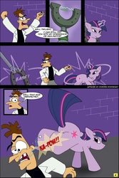 Size: 800x1200 | Tagged: safe, artist:thedigodragon, twilight sparkle, human, pony, unicorn, g4, bucking, butt, comic, crossover, doctor heinz doofenshmirtz, female, male, mare, phineas and ferb, plot, teleportation, tooth