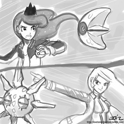 Size: 850x850 | Tagged: safe, artist:johnjoseco, princess celestia, princess luna, human, lunatone, solrock, g4, crossover, grayscale, humanized, monochrome, pokémon