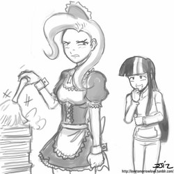 Size: 850x850 | Tagged: safe, artist:johnjoseco, trixie, twilight sparkle, human, g4, clothes, duster, female, grayscale, humanized, lesbian, maid, monochrome, ship:twixie, shipping