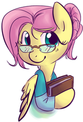Size: 315x461 | Tagged: safe, artist:php27, fluttershy, pegasus, pony, g4, alternate hairstyle, book, clothes, cute, female, glasses, mare, ponytail, simple background, smiling, solo, white background