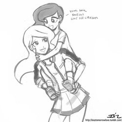 Size: 850x850 | Tagged: safe, artist:johnjoseco, princess celestia, princess luna, human, g4, arms around neck, best sisters, big sislestia, clothes, cute, cutelestia, equestria's best big sister, female, grayscale, humanized, jacket, lunabetes, monochrome, open smile, piggyback ride, royal sisters, sibling love, sisterly love, sisters, skirt, weapons-grade cute