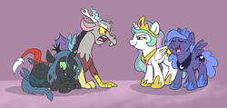 Size: 1100x525 | Tagged: safe, artist:spainfischer, discord, princess celestia, princess luna, queen chrysalis, alicorn, changeling, changeling queen, draconequus, nymph, pony, g4, 2012, angry, bully, bullying, cewestia, cute, cutealis, defending, description in comments, discute, female, filly, filly queen chrysalis, foal, laughing, male, sad, woona, young discord, younger