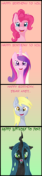 Size: 604x2518 | Tagged: safe, artist:ratofdrawn, derpy hooves, pinkie pie, princess cadance, queen chrysalis, changeling, changeling queen, pegasus, pony, g4, female, happy birthday, mare