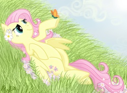 Size: 2600x1900 | Tagged: safe, artist:fuutachimaru, fluttershy, butterfly, pegasus, pony, g4, cute, female, flower, flower in hair, grass, looking at something, mare, on back, raised hoof, shyabetes, smiling, solo