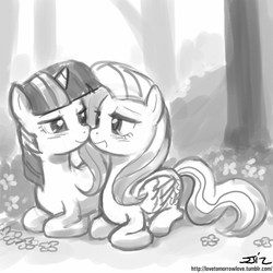 Size: 850x850 | Tagged: safe, artist:johnjoseco, fluttershy, twilight sparkle, pegasus, pony, unicorn, g4, :d, bedroom eyes, blushing, boop, colored pupils, cute, eye contact, female, flower, grayscale, lesbian, lidded eyes, looking at each other, lying down, mare, monochrome, nature, noseboop, open mouth, prone, ship:twishy, shipping, shyabetes, smiling, tree, twiabetes, unicorn twilight