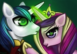 Size: 1158x818 | Tagged: safe, artist:poppeto, queen chrysalis, shining armor, changeling, pony, a canterlot wedding, g4, disguise, disguised changeling, evil enchantress, fake cadance, male, stallion, starry eyes, wingding eyes