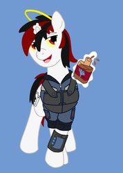 Size: 2056x2880 | Tagged: safe, artist:irkengeneral, oc, oc only, oc:blackjack, pony, unicorn, fallout equestria, fallout equestria: project horizons, alcohol, blue background, bottle, clothes, colored sclera, fanfic, fanfic art, female, glowing horn, high res, hooves, horn, jumpsuit, levitation, magic, mare, open mouth, pipbuck, security armor, simple background, small horn, solo, telekinesis, vault security armor, vault suit, whiskey, yellow sclera