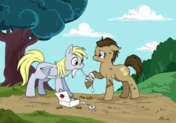Size: 1147x800 | Tagged: safe, artist:caycowa, derpy hooves, doctor whooves, time turner, pegasus, pony, g4, bandage, bandaid, female, injured, male, mare, stallion