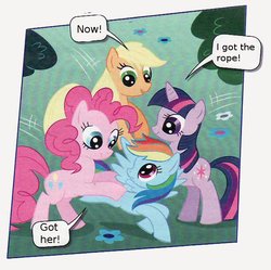 Size: 621x619 | Tagged: safe, applejack, pinkie pie, rainbow dash, twilight sparkle, comic:have a break!, comic:mach mal pause!, g4, german comic, official, comic, out of context, translation