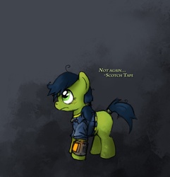 Size: 885x918 | Tagged: safe, artist:fore-trekker, oc, oc only, oc:scotch tape, pony, fallout equestria, fallout equestria: project horizons, clothes, fanfic, fanfic art, female, hooves, jumpsuit, mare, pipbuck, solo, vault suit