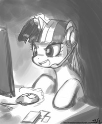 Size: 671x813 | Tagged: safe, artist:johnjoseco, twilight sparkle, pony, g4, computer, female, game, glowing horn, grayscale, headphones, headset, horn, magic, mare, monochrome, solo, telekinesis