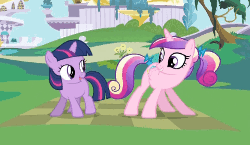Size: 250x145 | Tagged: safe, screencap, princess cadance, twilight sparkle, alicorn, pony, unicorn, a canterlot wedding, g4, season 2, animated, butt shake, cute, cutedance, female, filly, filly twilight sparkle, gif, gif for breezies, loop, picture for breezies, sunshine sunshine, teen princess cadance, twiabetes, wiggle, younger