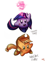 Size: 642x874 | Tagged: safe, artist:maraphy, artist:marraphy, applejack, twilight sparkle, puffball, g4, crossover, duo, kirby, kirby (series), kirby applejack, kirbyfied, magic, species swap