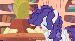 Size: 857x475 | Tagged: safe, screencap, rarity, pony, bridle gossip, g4, season 1, book, dreadlocks, ei, female, golden oaks library, hairity, hub logo, solo, youtube caption