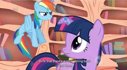 Size: 853x474 | Tagged: safe, screencap, rainbow dash, twilight sparkle, bridle gossip, g4, my little pony: friendship is magic, season 1, female, golden oaks library, twilight flopple, youtube caption