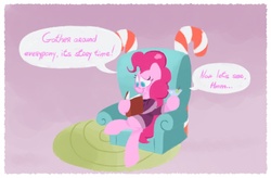 Size: 880x579 | Tagged: artist needed, safe, pinkie pie, earth pony, pony, g4, alcohol, book, candy, candy cane, couch, female, food, martini, solo