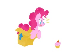 Size: 709x494 | Tagged: artist needed, safe, pinkie pie, earth pony, pony, g4, box, cupcake, female, food, simple background, solo, white background