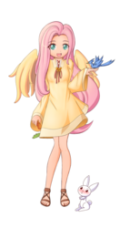 Size: 1233x2151 | Tagged: safe, artist:angriestangryartist, angel bunny, fluttershy, human, rabbit, g4, animal, anime, clothes, dress, female, humanized, sandals, simple background, transparent background