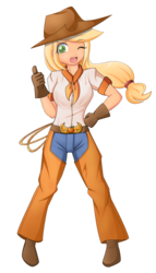Size: 1092x1908 | Tagged: safe, artist:angriestangryartist, applejack, human, g4, anime, applejack's hat, boots, chaps, clothes, cowboy boots, cowboy hat, female, gloves, hat, humanized, simple background, solo, transparent background