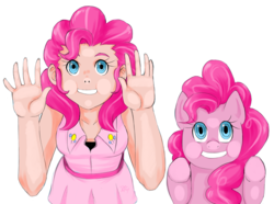 Size: 900x670 | Tagged: safe, artist:diasfox, pinkie pie, human, pony, g4, duo, human ponidox, humanized