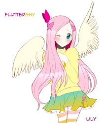 Size: 700x854 | Tagged: dead source, safe, artist:angelily-tan, fluttershy, butterfly, human, g4, anime style, clothes, cute, female, humanized, moe, one eye closed, skirt, socks, solo, striped socks, sweater, sweatershy, winged humanization, wings, wink