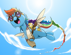 Size: 1950x1500 | Tagged: safe, artist:yokokinawa, rainbow dash, earth pony, pony, g4, alternate cutie mark, alternate universe, artificial wings, augmented, cloud, cloudy, colored steam, determined, ear piercing, earth pony rainbow dash, female, flying, goggles, happy, mechanical wing, piercing, race swap, sky, smiling, solo, steam, steampunk, sun, wings