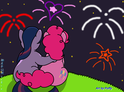 Size: 3274x2435 | Tagged: safe, artist:puffydearlysmith, pinkie pie, twilight sparkle, earth pony, pony, unicorn, g4, female, fireworks, high res, lesbian, mare, night, ship:twinkie, shipping, stars, unicorn twilight