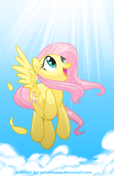 Size: 770x1190 | Tagged: safe, artist:yokokinawa, fluttershy, pony, g4, cloud, cloudy, female, flying, solo